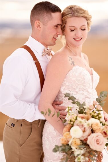 bride and groom portrait, winter wedding, photographed for Complete Weddings & Events, black hills barn wedding, barn at aspen acres wedding, spearfish wedding