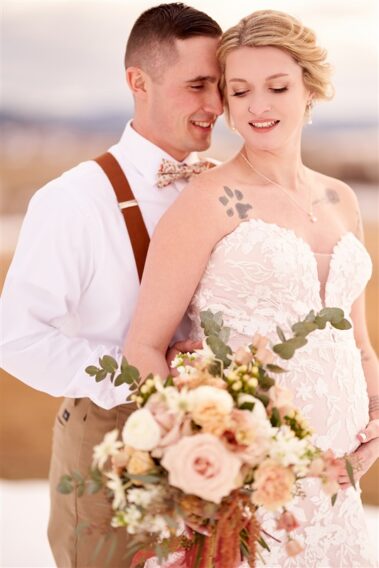 bride and groom portrait, winter wedding, photographed for Complete Weddings & Events, black hills barn wedding, barn at aspen acres wedding, spearfish wedding