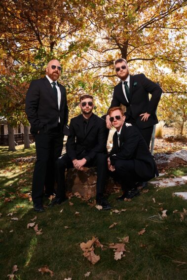 groom and groomsmen wearing sunglasses, photographed for Complete Weddings & Events, black hills receptions wedding, photographer near me, black hills wedding, fall wedding