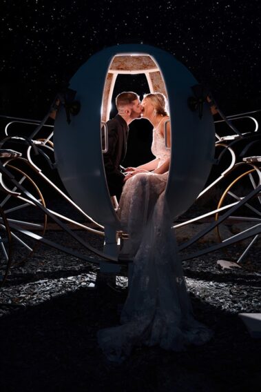 bride and groom in a cinderella carriage, photographed for Complete Weddings & Events, black hills receptions wedding, photographer near me, black hills wedding, fall wedding