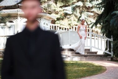 bride approaching groom for first look at black hills receptions
