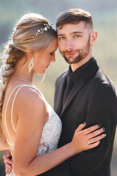 bride and groom at falling rock black hills wedding