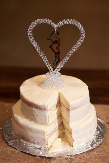wedding cake with slice taken out