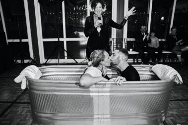 bride and groom baptized together at wedding reception